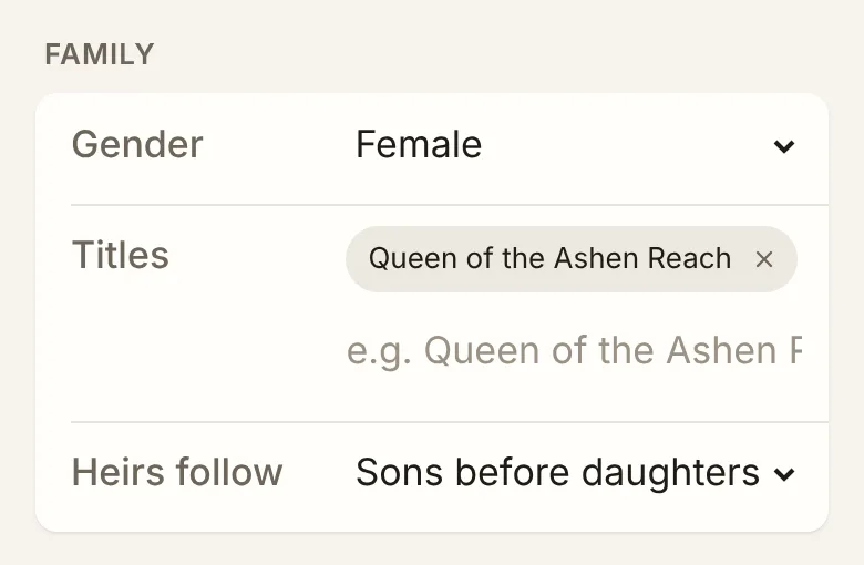 A character's Family card: gender, a title and how their heirs follow