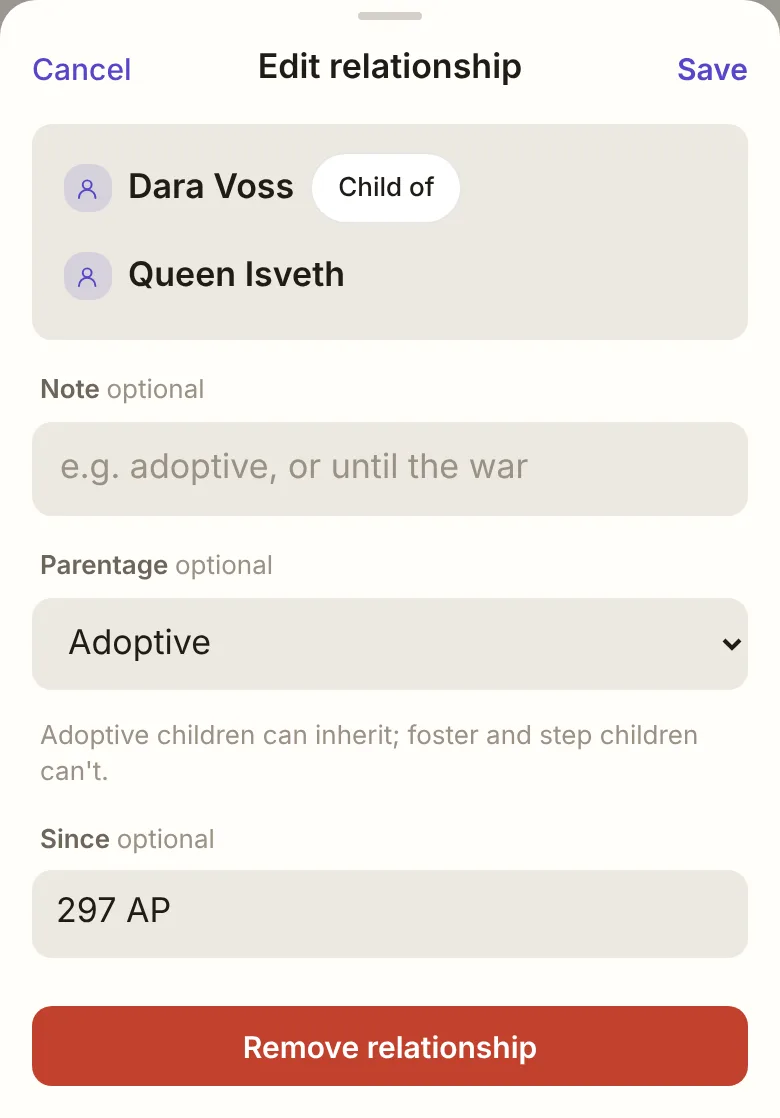 The relationship sheet for an adopted daughter: Parentage, and since when