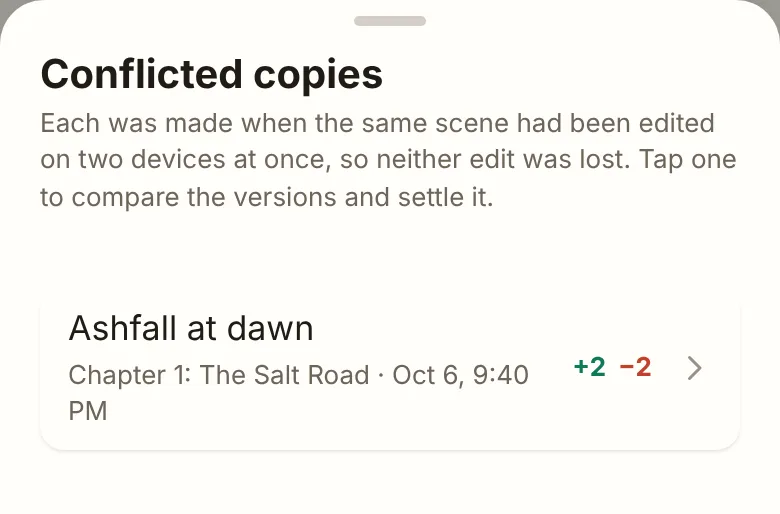 The list of conflicted copies, with lines added and removed