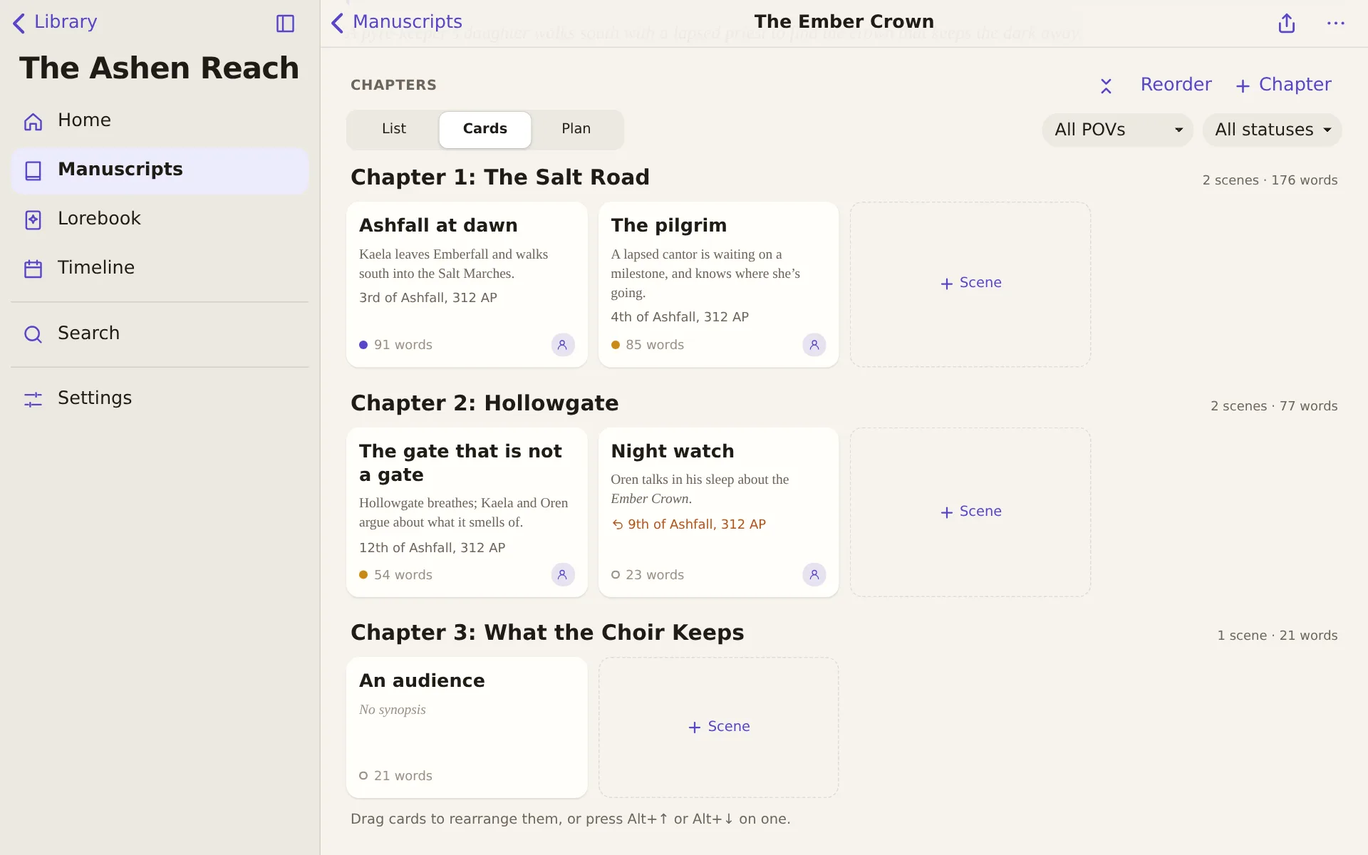 The corkboard: index cards grouped by chapter