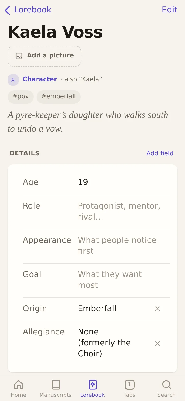 A character's page with its details