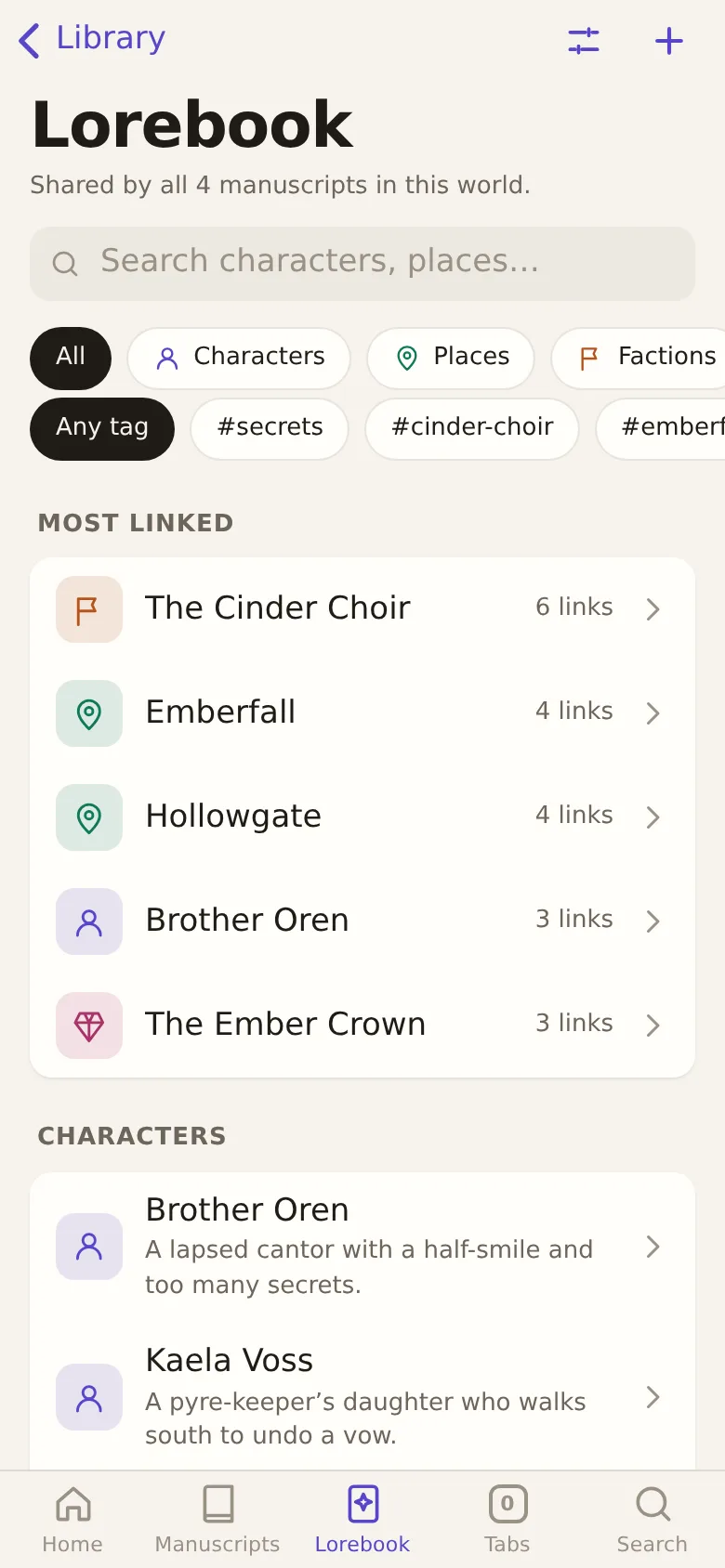 The Lorebook: search, filters, the most linked entries and the characters