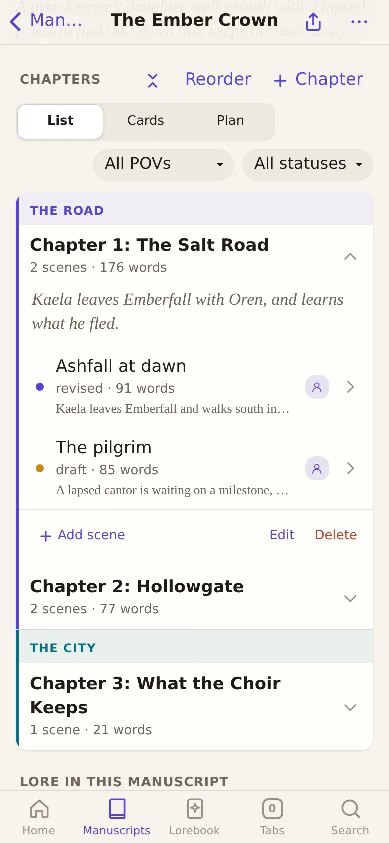 A manuscript's chapters list, with two acts and a chapter's scenes