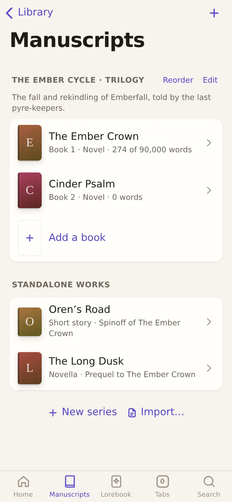 The Manuscripts tab, with a trilogy and standalone works