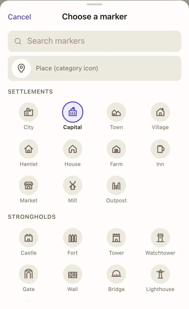 The marker picker, grouped by theme