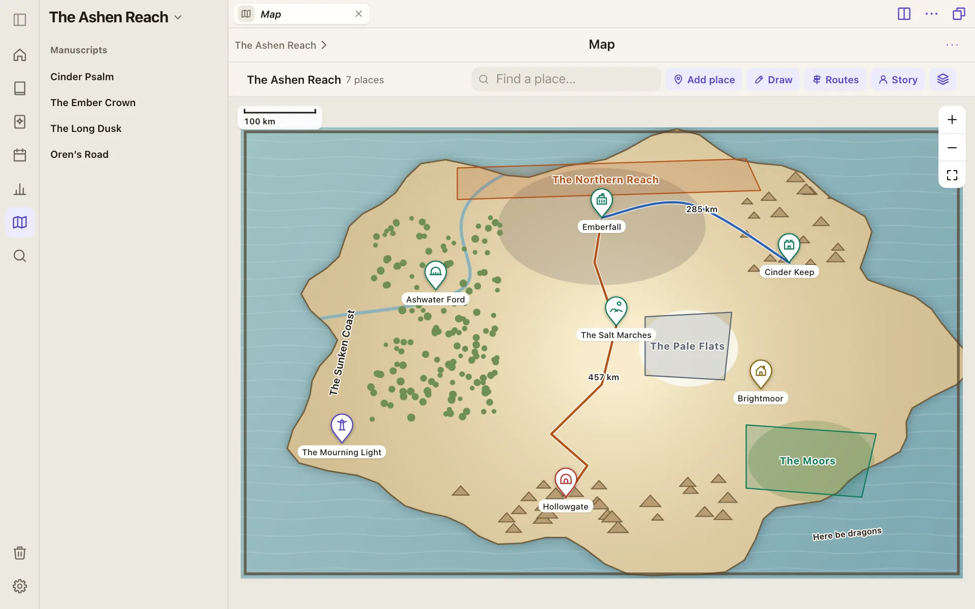 The Ashen Reach on its map, with pins, regions, routes and labels