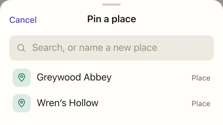 The list of places that can be pinned, with a search box