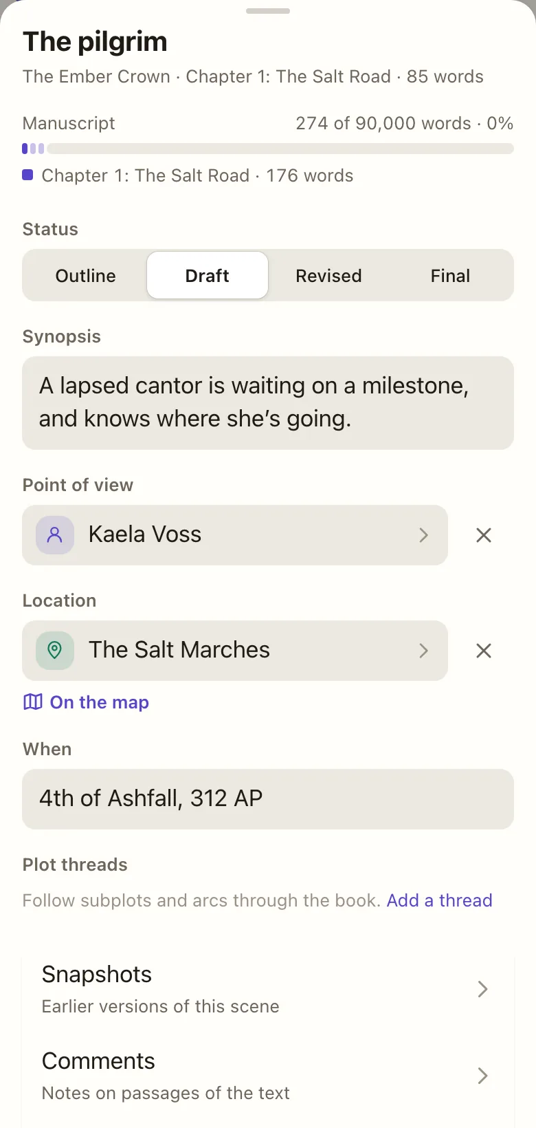 A scene's details with Location and On the map