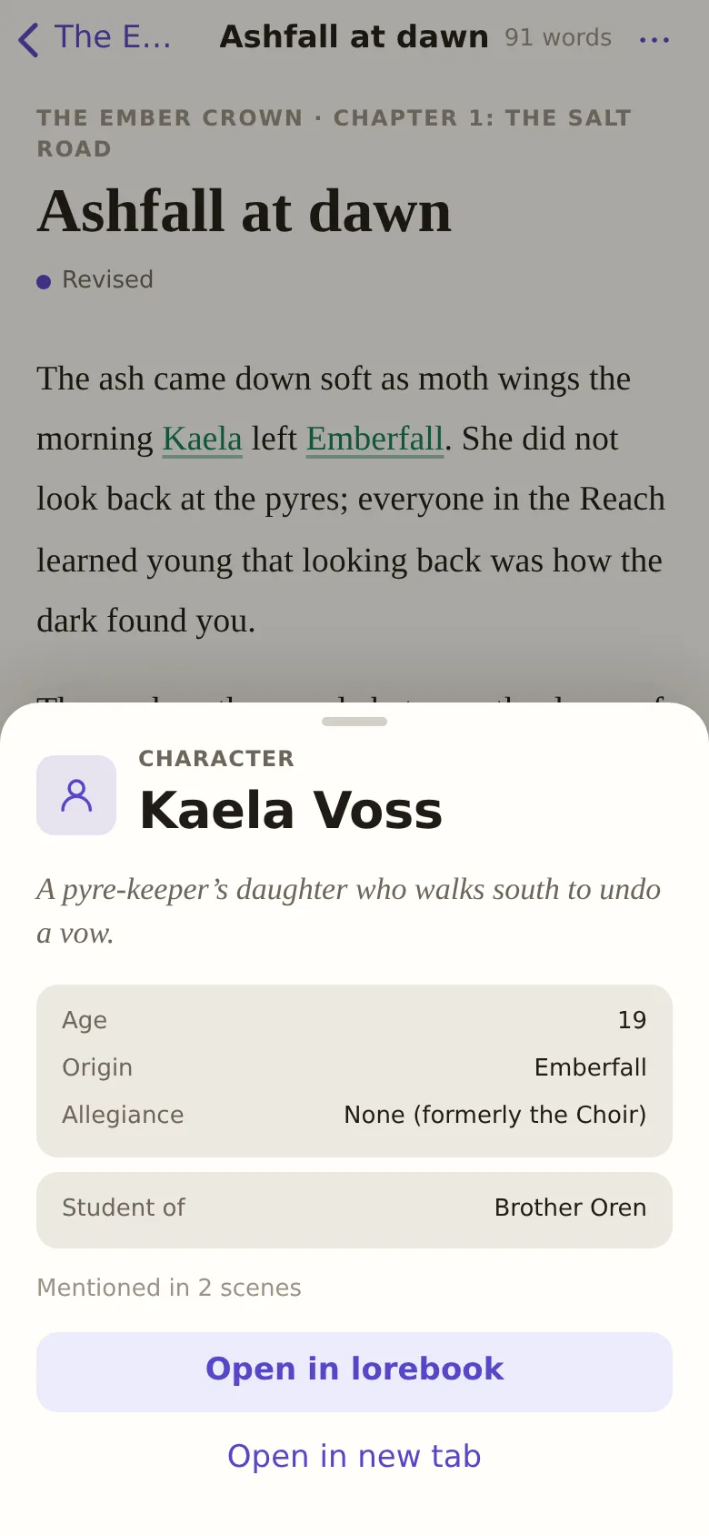 Peeking at Kaela Voss from a mention in a scene