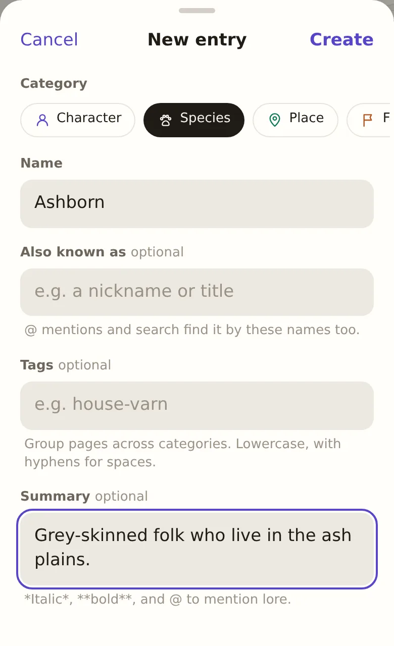 The New entry sheet, with Species chosen