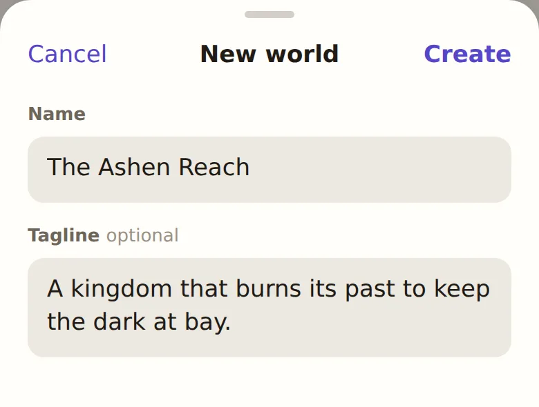 The New world sheet, with a name and a tagline