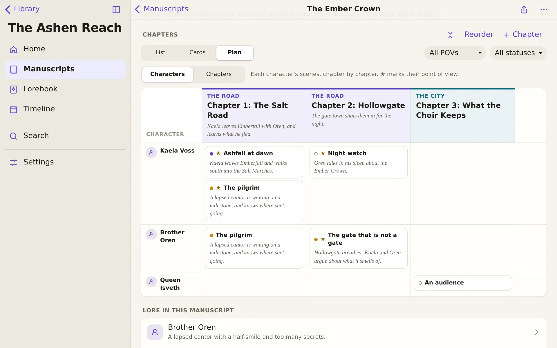 The planner's Chapters layout: a column per chapter