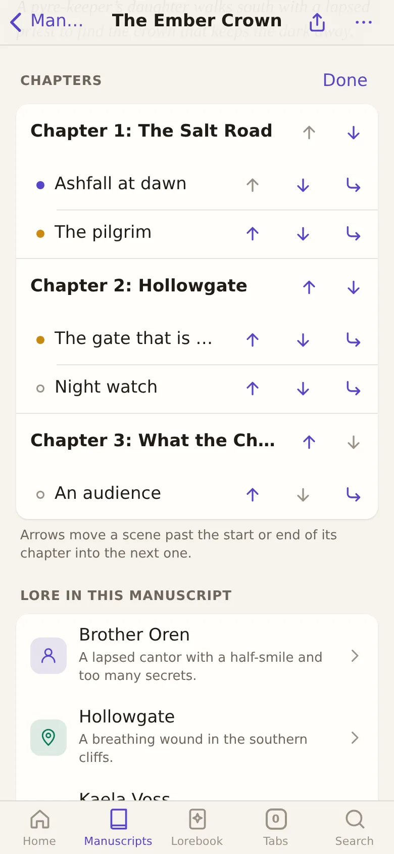 Reorder mode, with arrows beside every chapter and scene