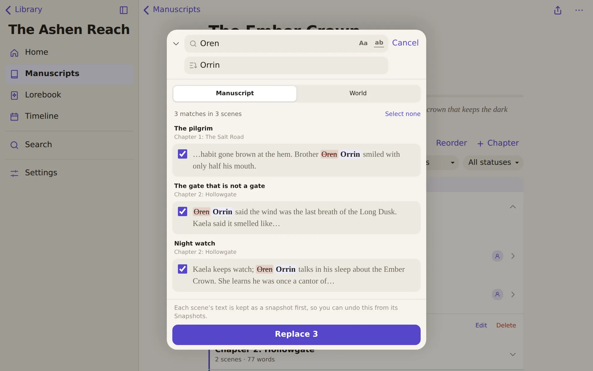 Find and replace, showing each match with its replacement
