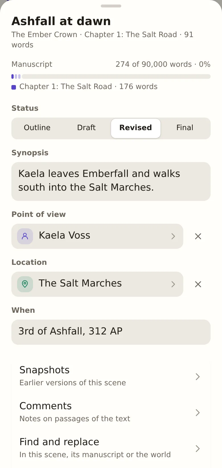 Scene details: status, synopsis, point of view, location and when