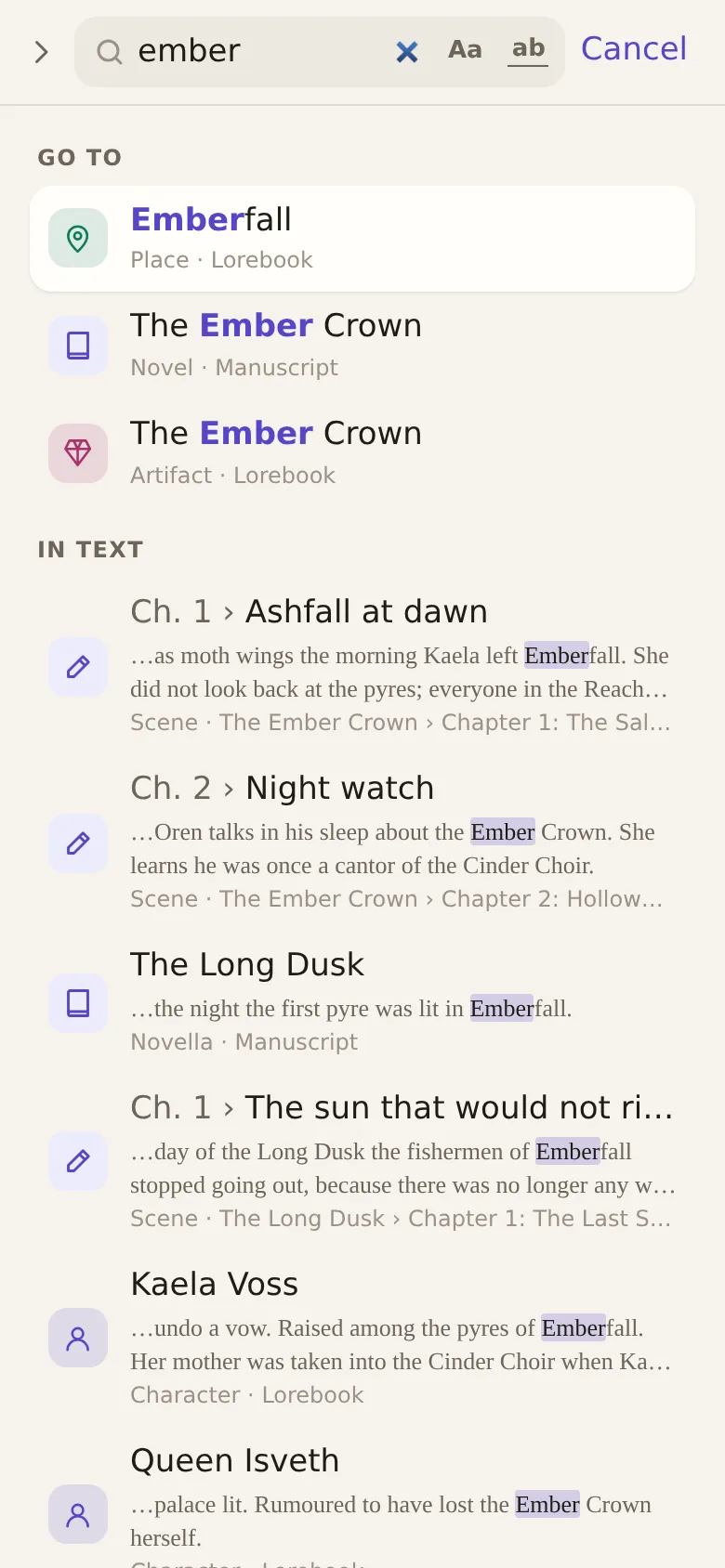 Search results for "ember": names under Go to, passages under In text