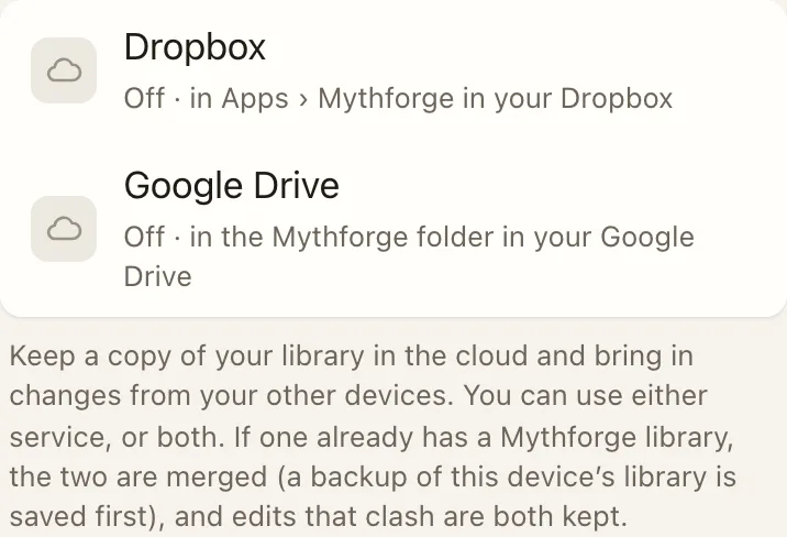 Settings → Sync, with Dropbox and Google Drive