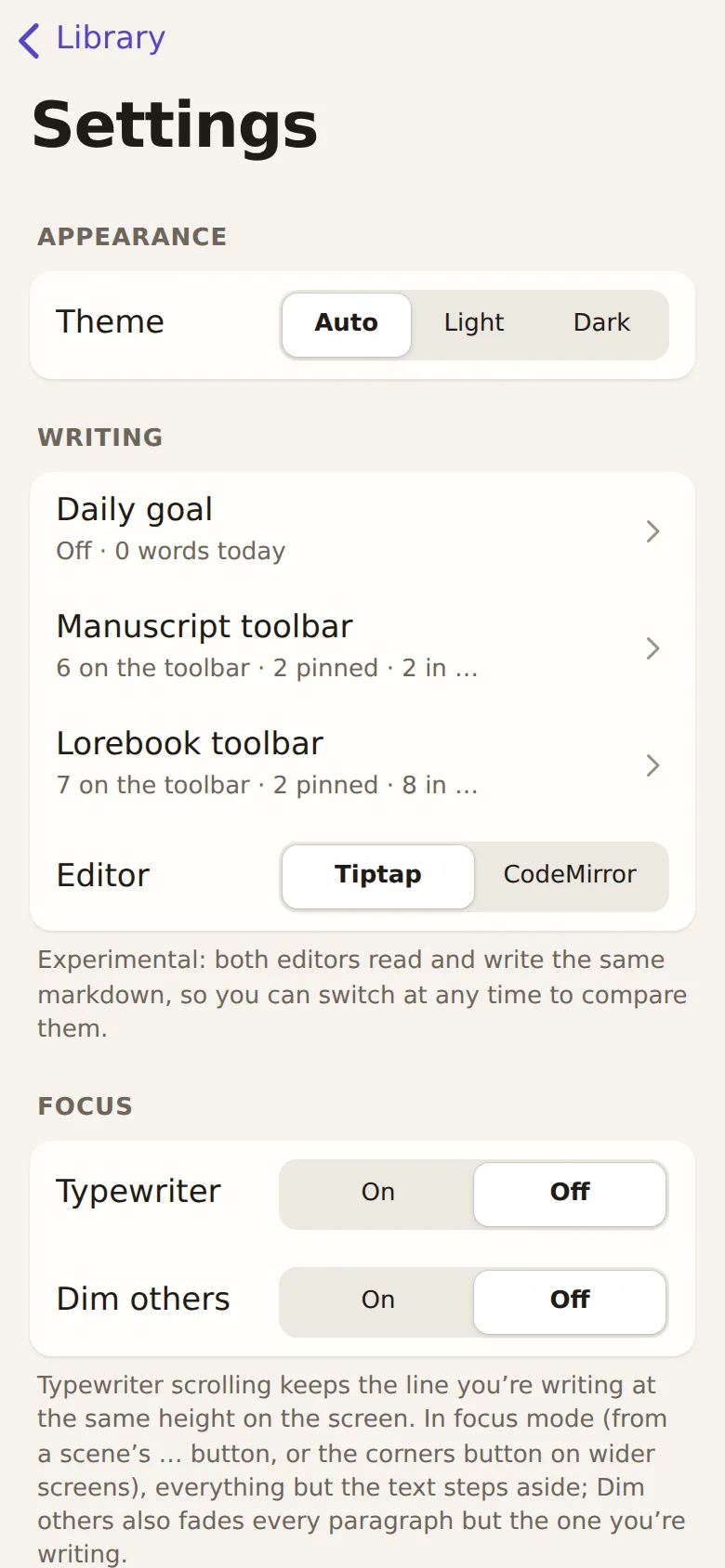 Settings: appearance, writing and focus
