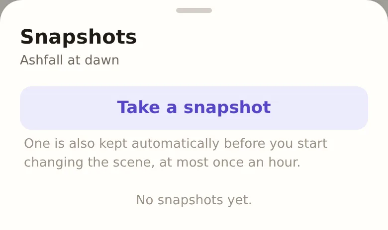 A scene's Snapshots, with Take a snapshot