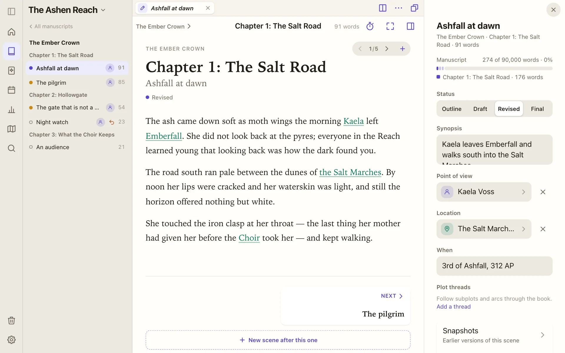 The workbench: sidebar, a scene in its tab, and the scene's details