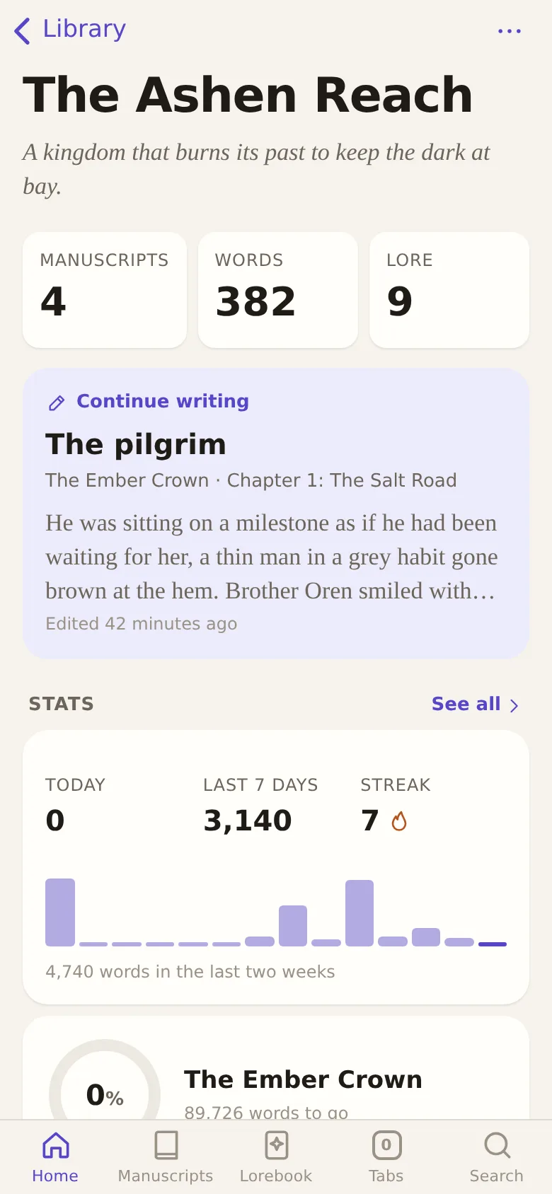 Mythforge's world dashboard on a phone