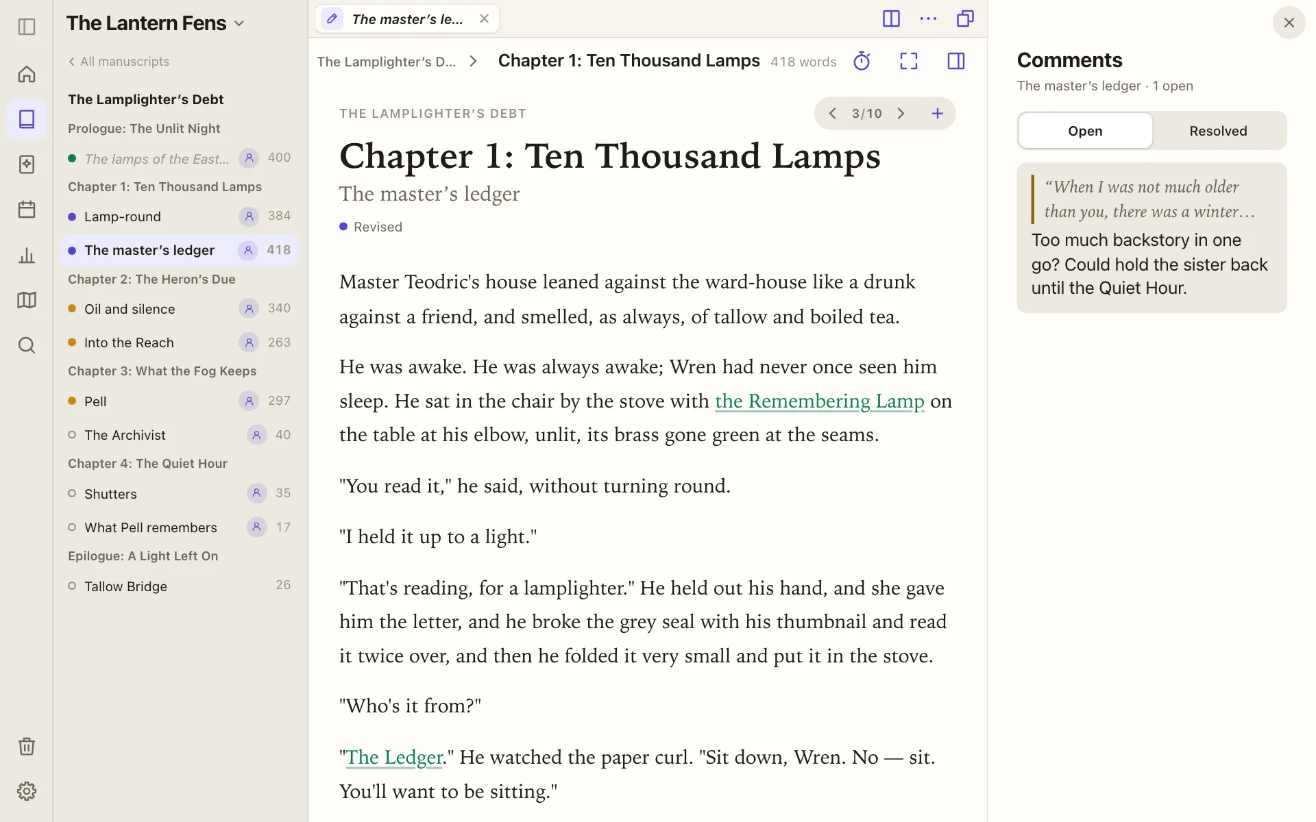 A scene's comments docked beside the editor