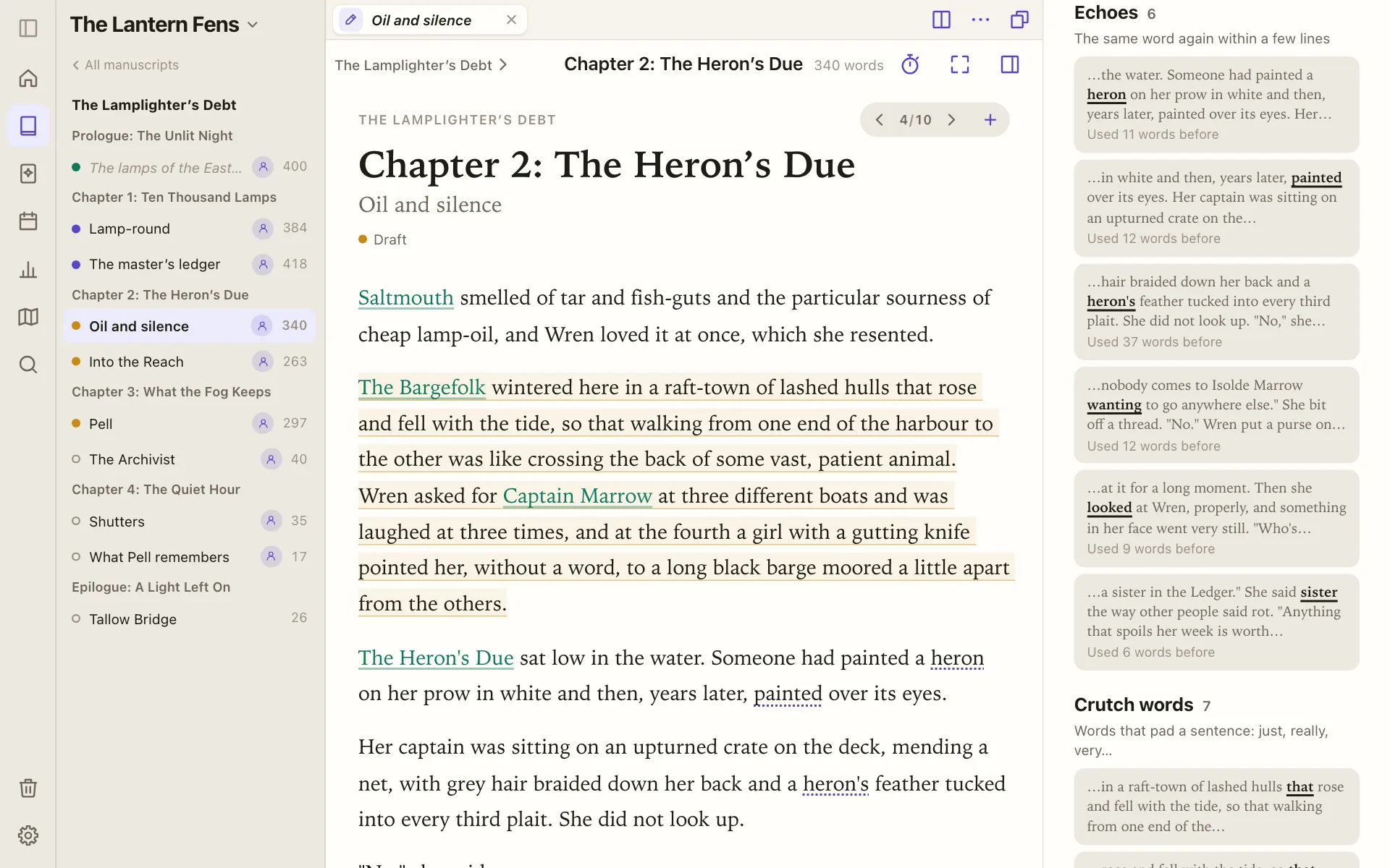 The Prose panel beside a scene, with findings underlined in the text