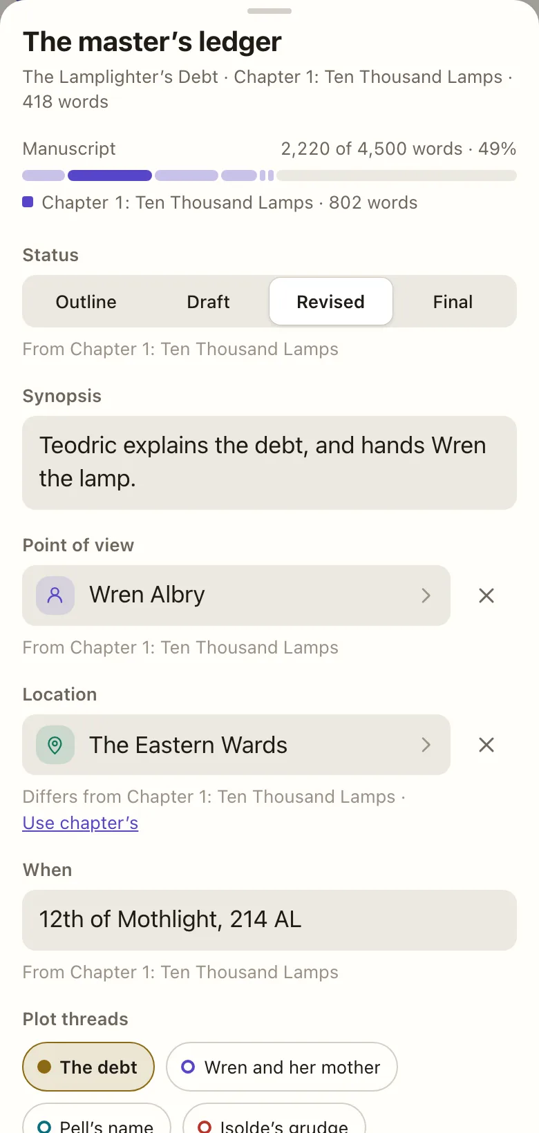 A scene that follows its chapter's status, POV and date, with its own location