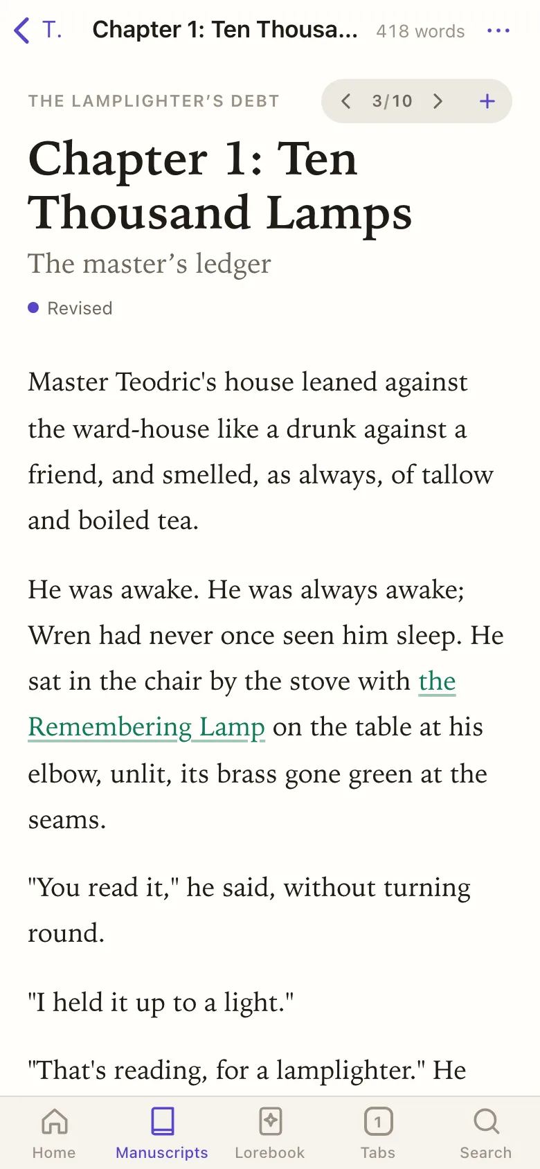 The top of a scene on a phone: the chapter, its title, and the paging buttons