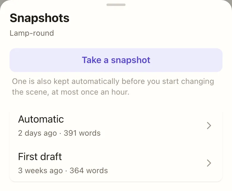 A scene's snapshots: the one Automatic, and a First draft milestone