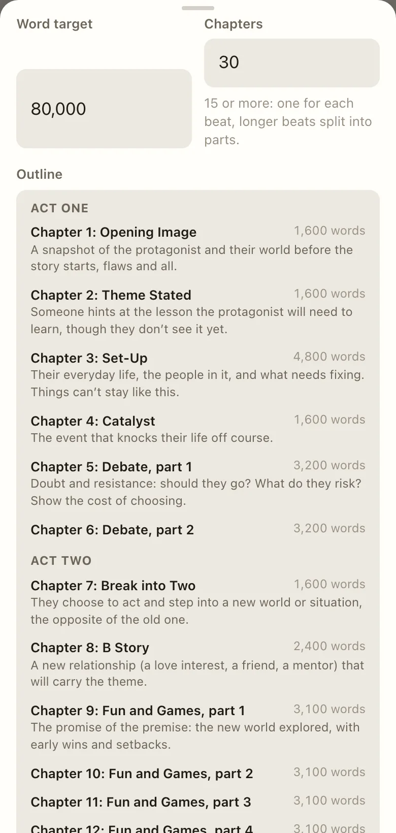 The word target, chapter count and outline