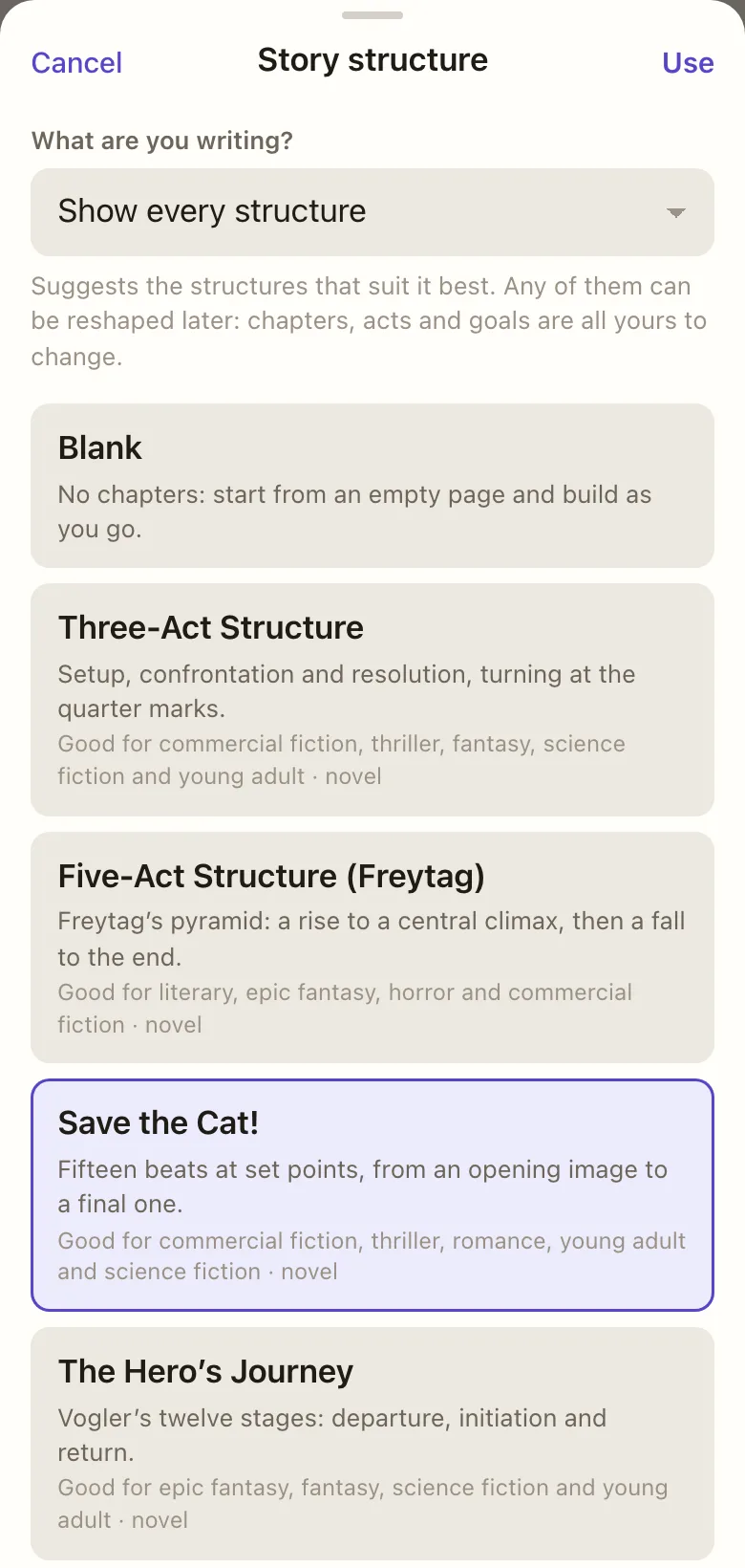 The structures to choose from, with Save the Cat! picked