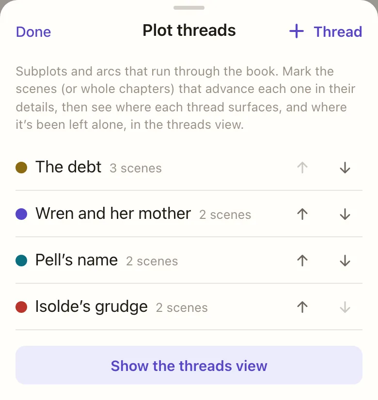 The Threads sheet: each thread with its colour and scene count