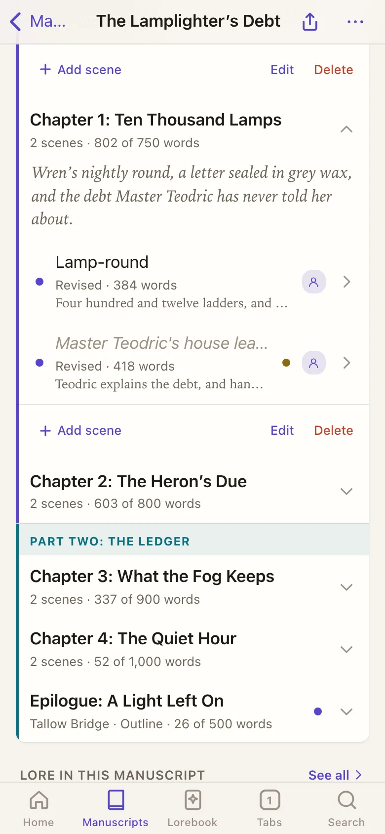 A chapter's scenes in the manuscript's list, one of them untitled
